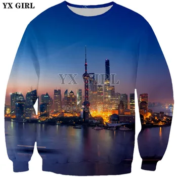YX GIRL Прямая поставка, Шанхай, Китай, здания, легкие пуловеры с 3D-принтом и круглым вырезом, 2018 Новый стиль, модные мужские и женские толстовки