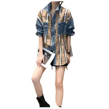 Клетчатая рубашка с джинсовой строчкой, женская европейская модель, Весна-осень 2022, Корейская версия, Новый универсальный дизайн, нишевая рубашка с длинными рукавами