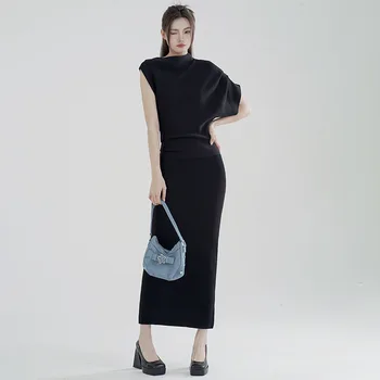 2023New Hot Dress, Осеннее женское платье design sense, ниша, длинное платье до ягодиц, high-end sense, черное трикотажное платье, женщины